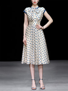 Blue Polka Dots Bow Collar 1950S Vintage Dress With Cap Sleeve