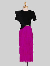 Load image into Gallery viewer, 2PS Black Ruffles Retro Short Sleeve T Shirt With Fringe Skirt Suits