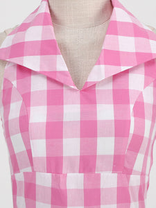 Pink And White Plaid Halter Barbie Same Style 1950S Vintage Dress With Hat Set