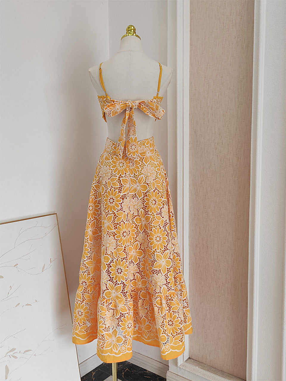 Yellow Lace Flower Halter Backless Swing Dress Yellow / S Yellow Lace Flower Halter Backless Swing Dress Yellow / S