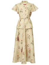 Load image into Gallery viewer, 2PS Brown Floral Print Ruffled Sleeve Shirt With Swing Skirt Set