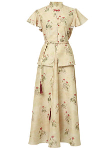2PS Brown Floral Print Ruffled Sleeve Shirt With Swing Skirt Set