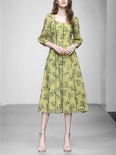 Load image into Gallery viewer, Mustard Yellow Square Neck Floral Print 1950S Vintage Swing Dress