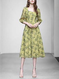 Mustard Yellow Square Neck Floral Print 1950S Vintage Swing Dress