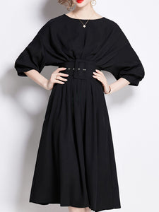 Green Dolman Sleeve High Waist Swing Party Dress With Belt