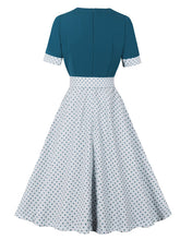 Load image into Gallery viewer, Lake Blue Square Neck Polka Dot Bow Vintage Swing Dress