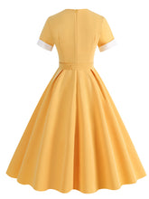 Load image into Gallery viewer, Yellow Sweet Heart 1950s Vintage Shirt Dress for Women Short Sleeve Audrey Hepburn Style Cocktail Swing Dress
