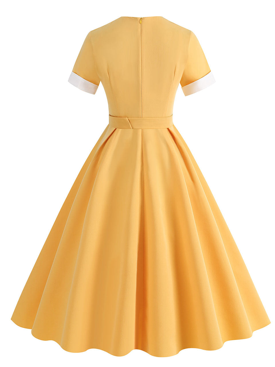 vintage yellow dress ZAPAKA Women Blue A Line Vintage Dress with Belt Short Sleeve Midi 1950s Dress with Buttons, Yellow / M