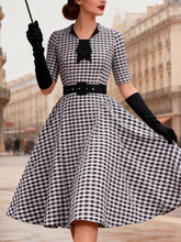 Load image into Gallery viewer, Black White Plaid Bow Neck 1950s Three-Quarter Sleeves Swing Dress