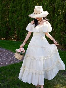 White Bohemian Off The Shoulder Ruffled Tassel High Waist Boho Maxi Dress