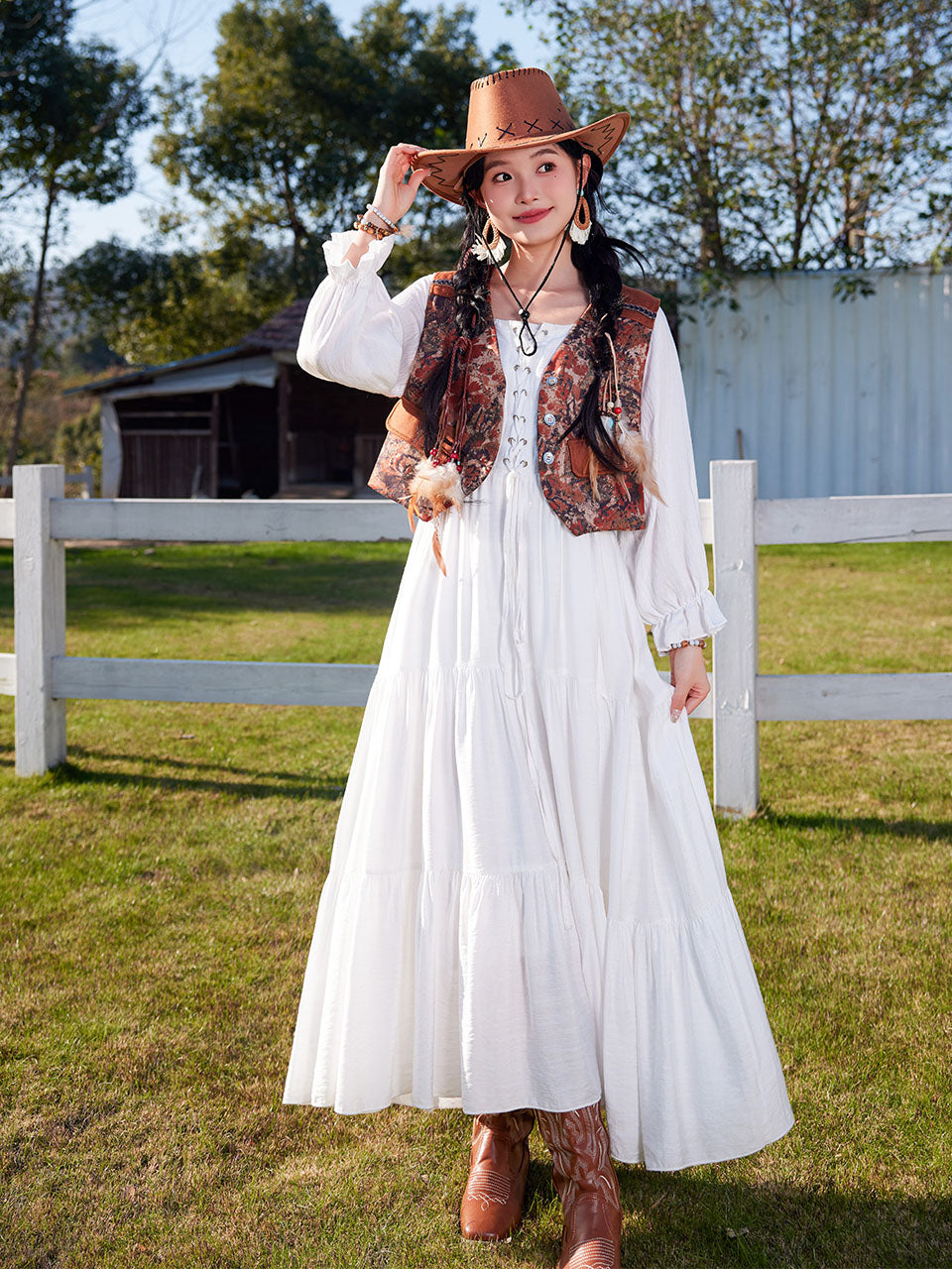 Bohemian White Long-sleeved Cotton Maxi Dress with Suede Embroidered Vest Boho Suit, White / XS