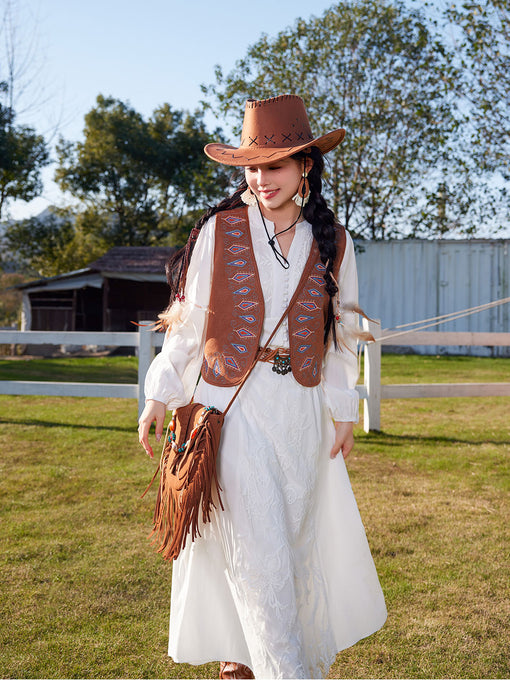 Bohemian White Embroidered Cotton Maxi Dress with Suede Embroidered Vest Boho Suit