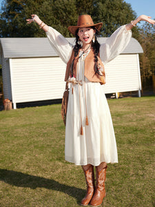 Bohemian White Ruffles Cotton Maxi Dress with Suede Embroidered Vest Boho Suit