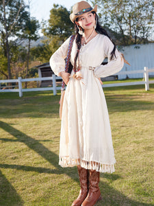 Bohemian White Tassel Cotton Maxi Dress with Suede Embroidered Vest Boho Suit