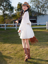 Load image into Gallery viewer, Bohemian White Long-sleeved Ruffles Mini Dress with Blue Suede Embroidered Vest Boho Suit