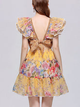 Load image into Gallery viewer, Women’s Boho Yellow Floral Printed Chiffon V-Neck Ruffled Summer Beach Mini Dress