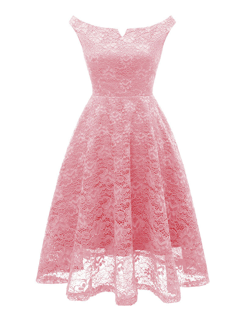 Solid Color Lace Cap Sleeve 50s Party Swing Dress