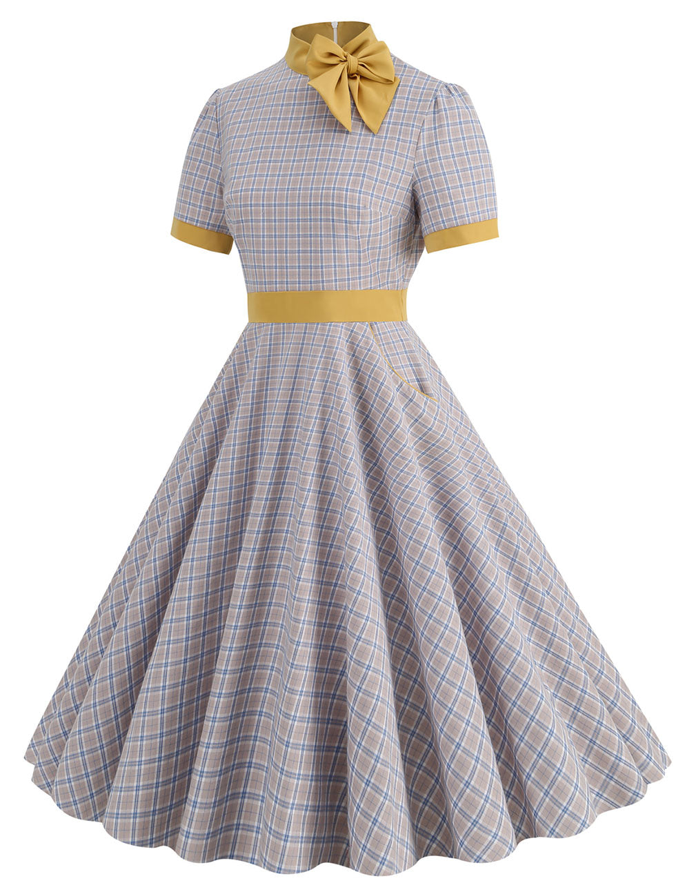 1950s Bow Collar Plaid Vintage Swing Dress, Green / XL 1950s Bow Collar Plaid Vintage Swing Dress, Green / XL