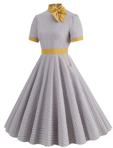 1950s Bow Collar Plaid Vintage Swing Dress