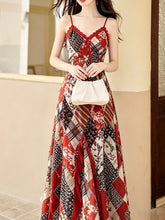 Load image into Gallery viewer, Vintage Bohemian Red Ruffle Hem Floral Plaid Spaghetti Strap Maxi Dress