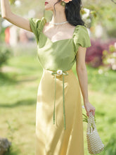 Load image into Gallery viewer, Yellow V Neck Puff Sleeve 1950S Vintage Dress