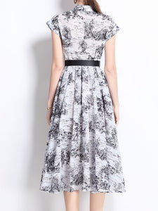 1940S Classic Shirt Collar Vintage Print Cap Sleeve Cotton Dress