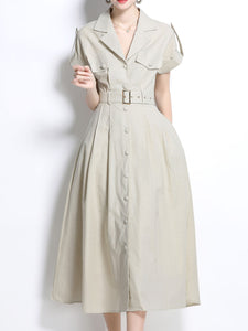 1940S Lapel Shirt Cotton Dress with Pockets