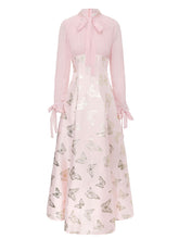 Load image into Gallery viewer, Gold Foil Butterfly Print Chiffon Blue Maxi Dress with Bow Neck