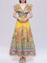 Load image into Gallery viewer, Women’s Dark Boho Floral Printed Chiffon V-Neck Ruffled Summer Beach Maxi Dress