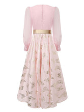 Load image into Gallery viewer, Gold Foil Butterfly Print Pink Vintage Square Neck Maxi Dress with Sheer Bubble Sleeves