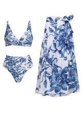 Load image into Gallery viewer, Blue and White Floral High Waisted Bikini Set with Tiered Maxi Skirt 3-Piece Swimsuit