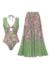 Load image into Gallery viewer, 3PS Sage Green Vintage Halter Cutout Pastel Flower Print Monokini and Flowy Beach Long Skirt Swimsuit Set