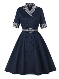 Vintage Double-Breasted Navy Gingham Collar Shirt Dress