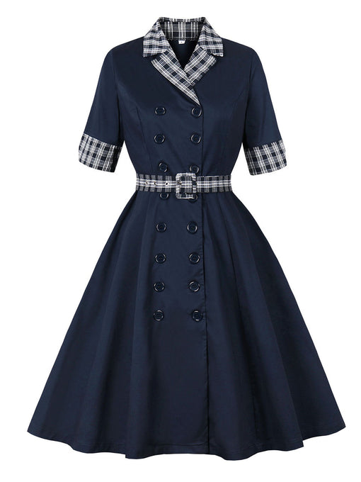 Vintage Double-Breasted Navy Gingham Collar Shirt Dress