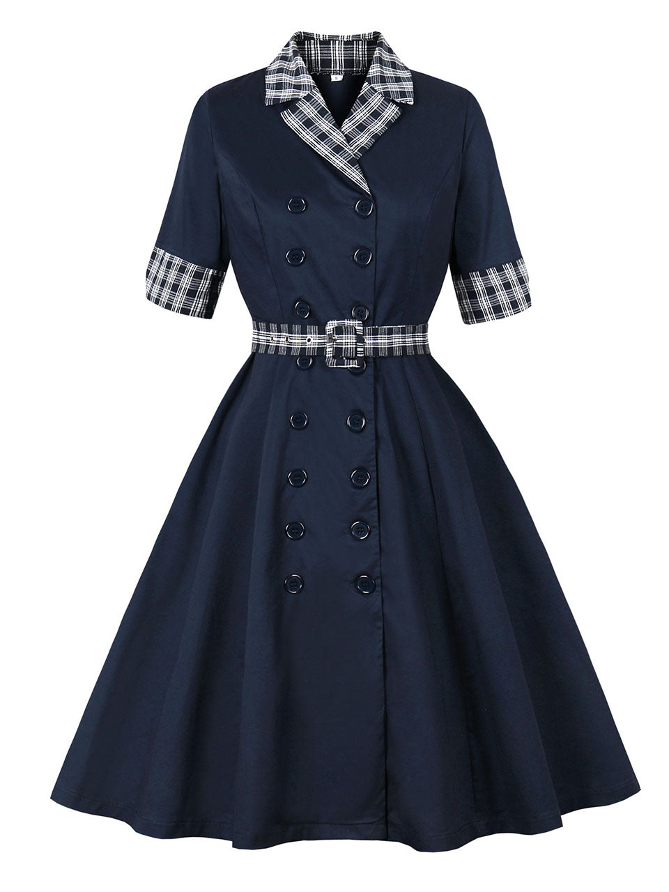 Vintage Double-Breasted Navy Gingham Collar Shirt Dress