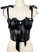Load image into Gallery viewer, Black Bow Nude Lace Corset Top - Pearl Embellished Bustier with Tie Straps