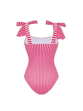 Load image into Gallery viewer, Barbiecore Pink and White Vertical Striped Strap One-Piece Swimsuit with Bathing Suit Skirt
