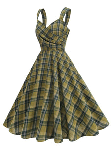 Clueless Inspired Yellow V Neck Plaid Vintage Dress