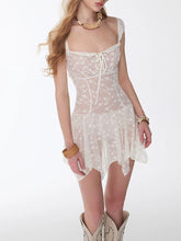 Load image into Gallery viewer, White Lace One Piece Swimdress Square Neck Skirted Swimsuit with Tie Front