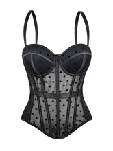 Load image into Gallery viewer, Pink Polka Dot Mesh Corset Top - Sheer Boned Spaghetti Strap Bustier