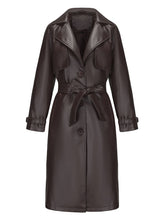 Load image into Gallery viewer, Women's Faux Leather Trench Coat | Long Caramel Tan PU Leather Windbreaker Jacket with Belt