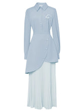 Load image into Gallery viewer, Modern Vintage Asymmetrical Blue Embroidered with Pleated Shirt Dress