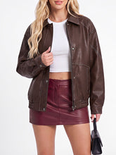 Load image into Gallery viewer, Women's Dark Brown Contrast Stitch Faux Leather Bomber Jacket