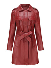 Load image into Gallery viewer, Women's Black Faux PU Leather Trench Mid-Length Coat with Belt