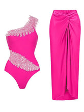 Load image into Gallery viewer, Royal Blue One Shoulder Beaded Feather One Piece Monokini with Draped Twist Sarong Maxi Skirt Swimsuit Set