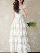 Load image into Gallery viewer, White Ruffles V Neck Layered Lace Maxi Vintage Dress
