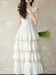 White Ruffles V Neck Layered Lace Maxi Vintage Dress