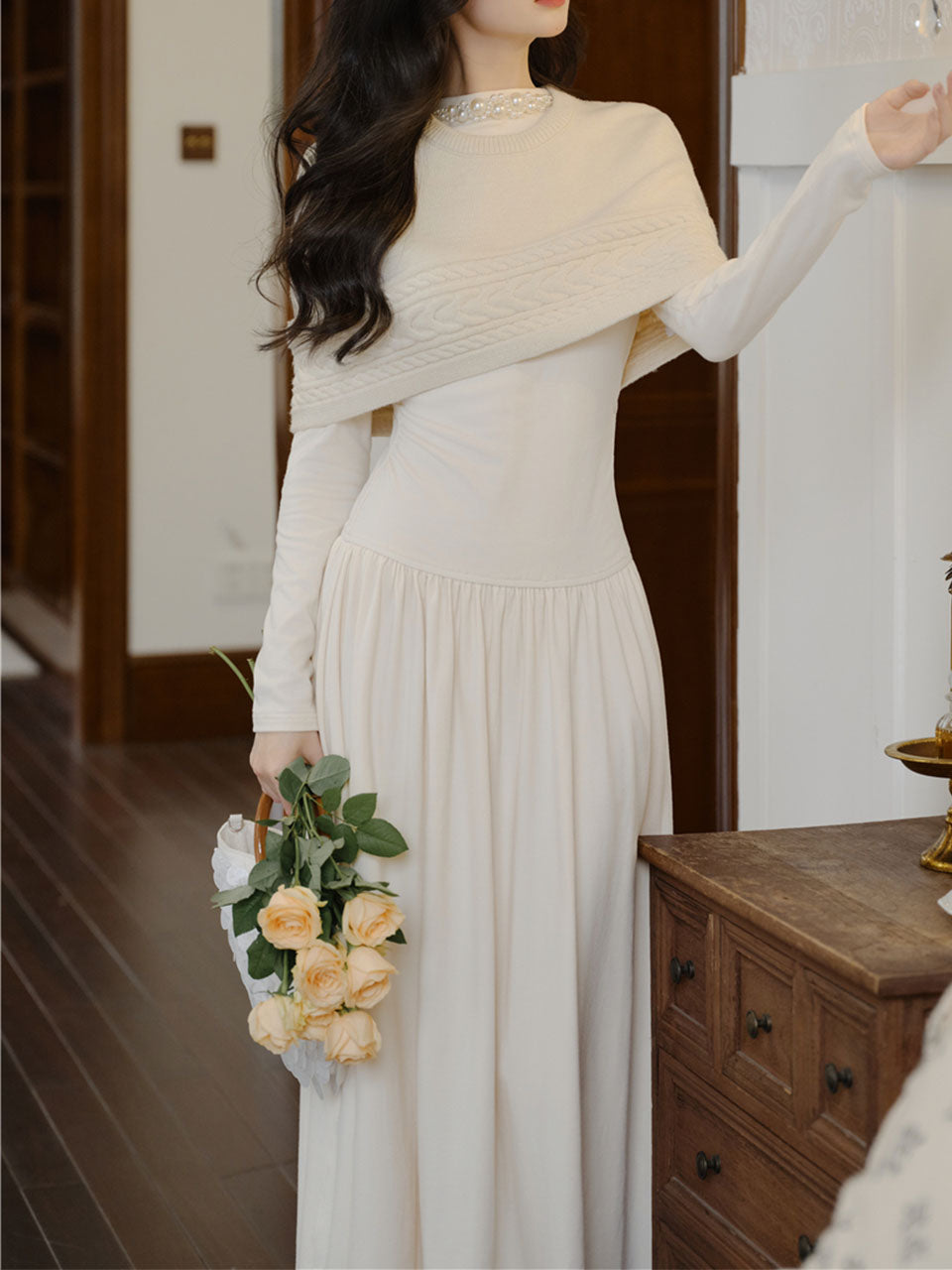 White Two-Piece Set Pearl Beaded Long Sleeve Dress with Cable Knit Cape White / S White Two-Piece Set Pearl Beaded Long Sleeve Dress with Cable Knit Cape White / S