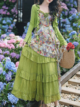 Load image into Gallery viewer, 2PS Boho Gypsy Floral Asymmetrical Maxi Dress Whimsical Green Crinkled Tiered Ruffle Dress for Festival
