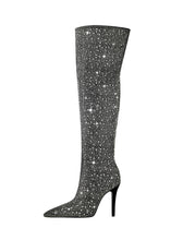 Load image into Gallery viewer, Black High Heel Pointed Toes Luxury Bling Rhinestone Boots Shoes